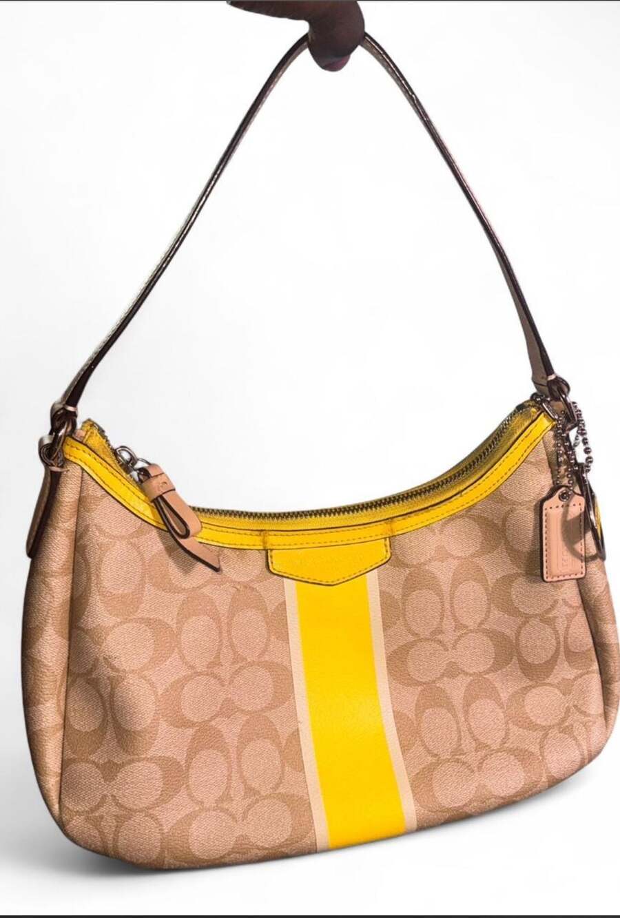 Coach Signature Stripe Eva Small Hobo Bag Beige and Yellow F29942